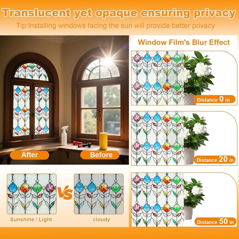 COUNTEWOL Frosted Privacy Window Film Stained Glass Style Adhesive-Free Residue-Free Reusable Easy to Install with Tools (Frosted StainFlair, 35.4 x 78.7 in) - Image 3